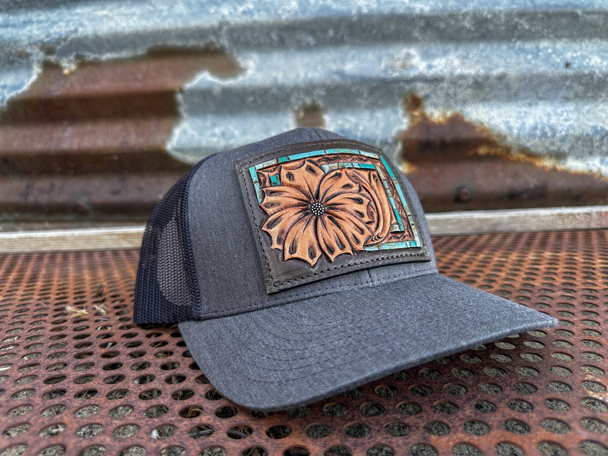 Daisy Handtooled Leather Patch Cap with Turquoise Southwestern Border Cowgirl Rodeo Western Cowboy