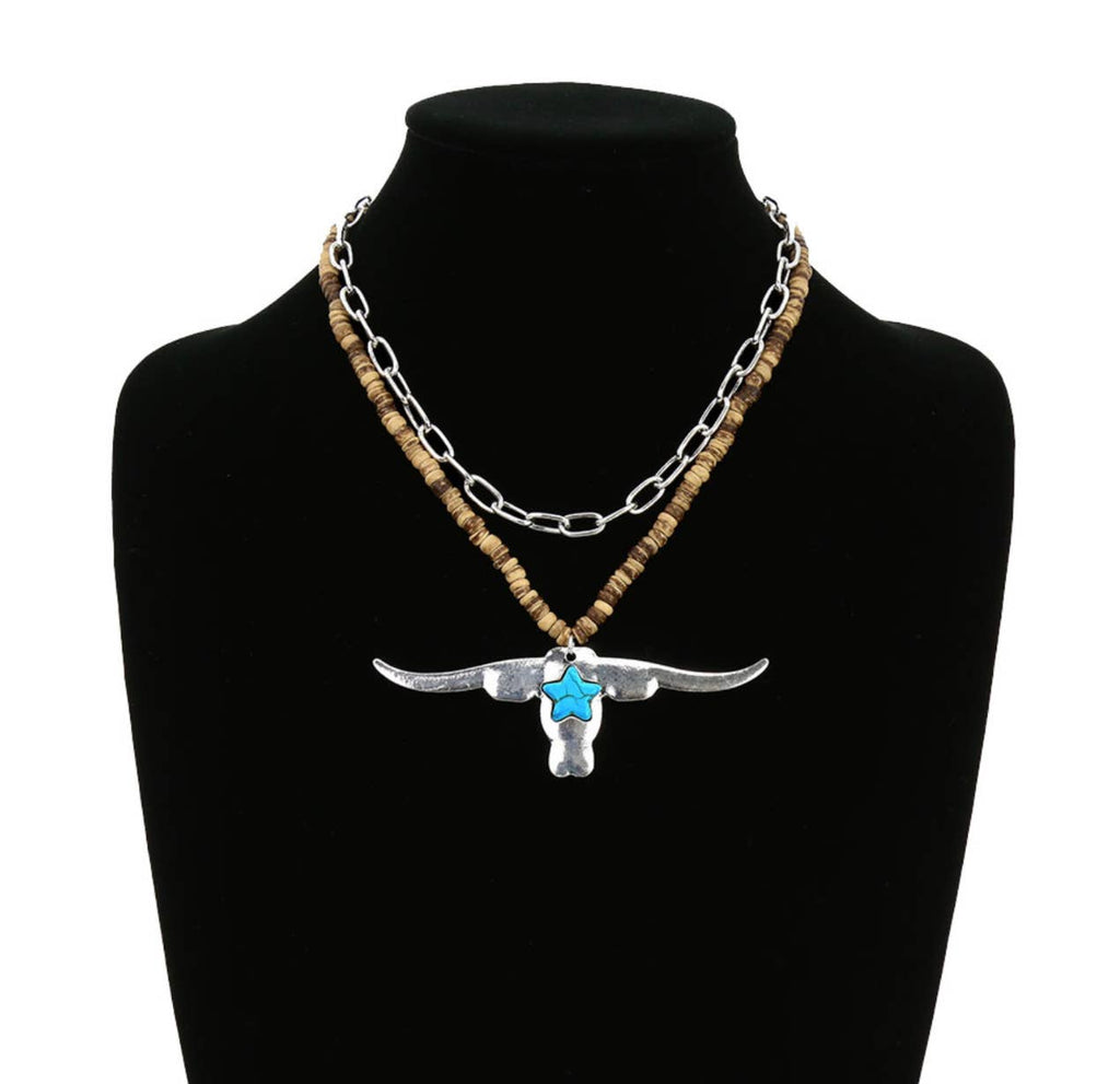 Longhorn Pendant Necklace - Wood Beads - Bull Steer Western