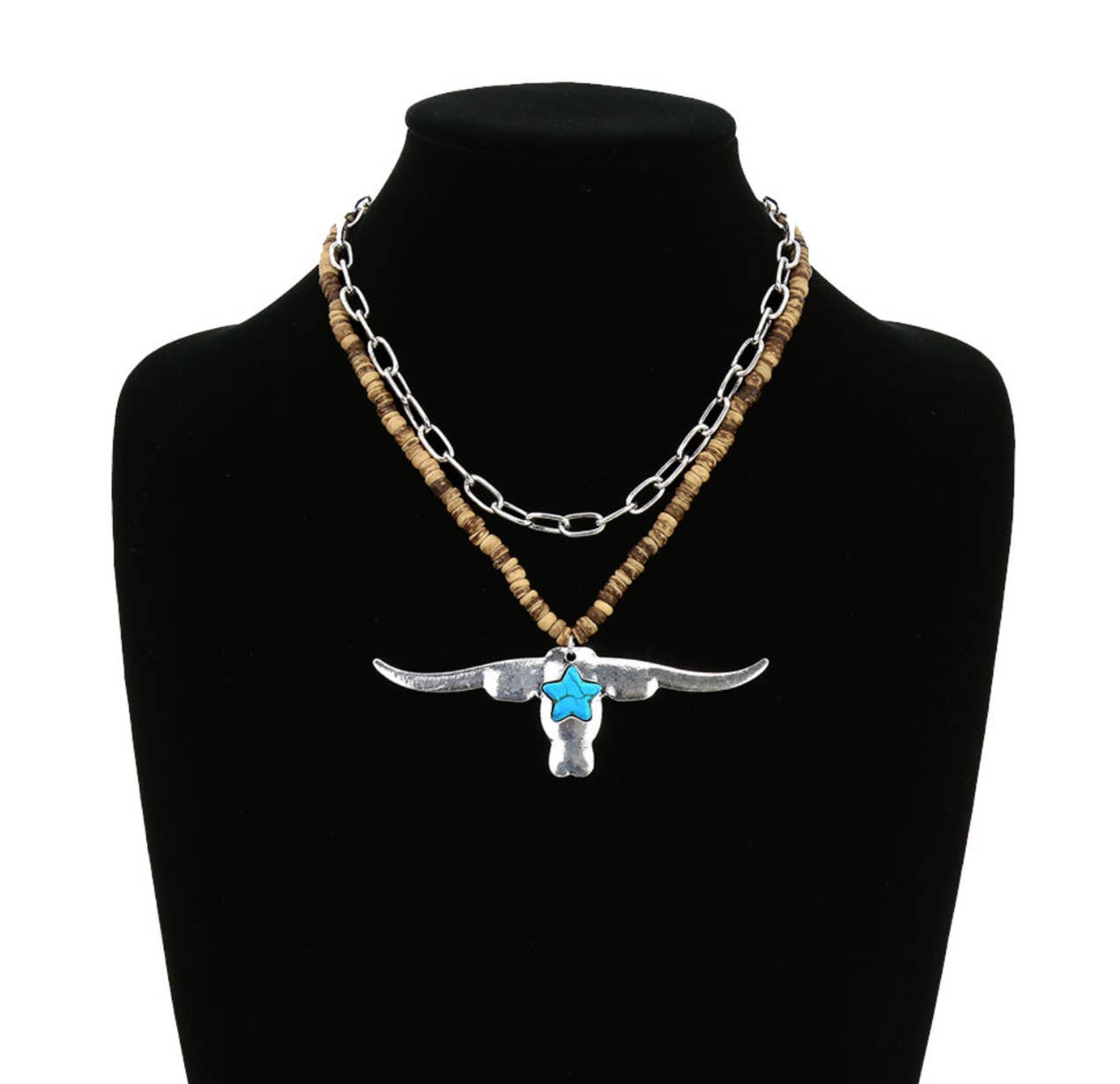 Longhorn Pendant Necklace - Wood Beads - Bull Steer Western