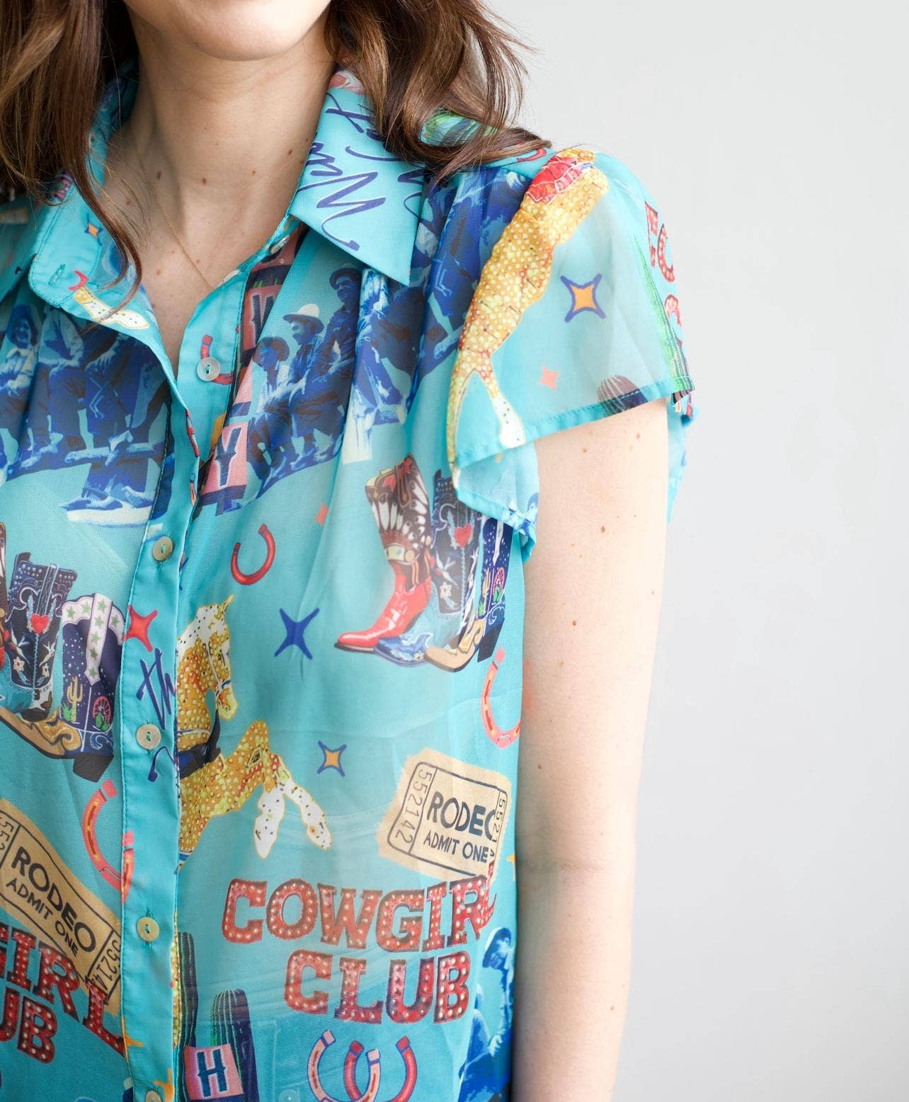 TH199 COWGIRL COLLAGE FLUTTER SLEEVE BLOUSE