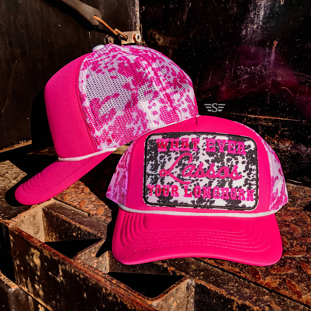 Lasso Your Longhorn Cow Print Trucker Cap