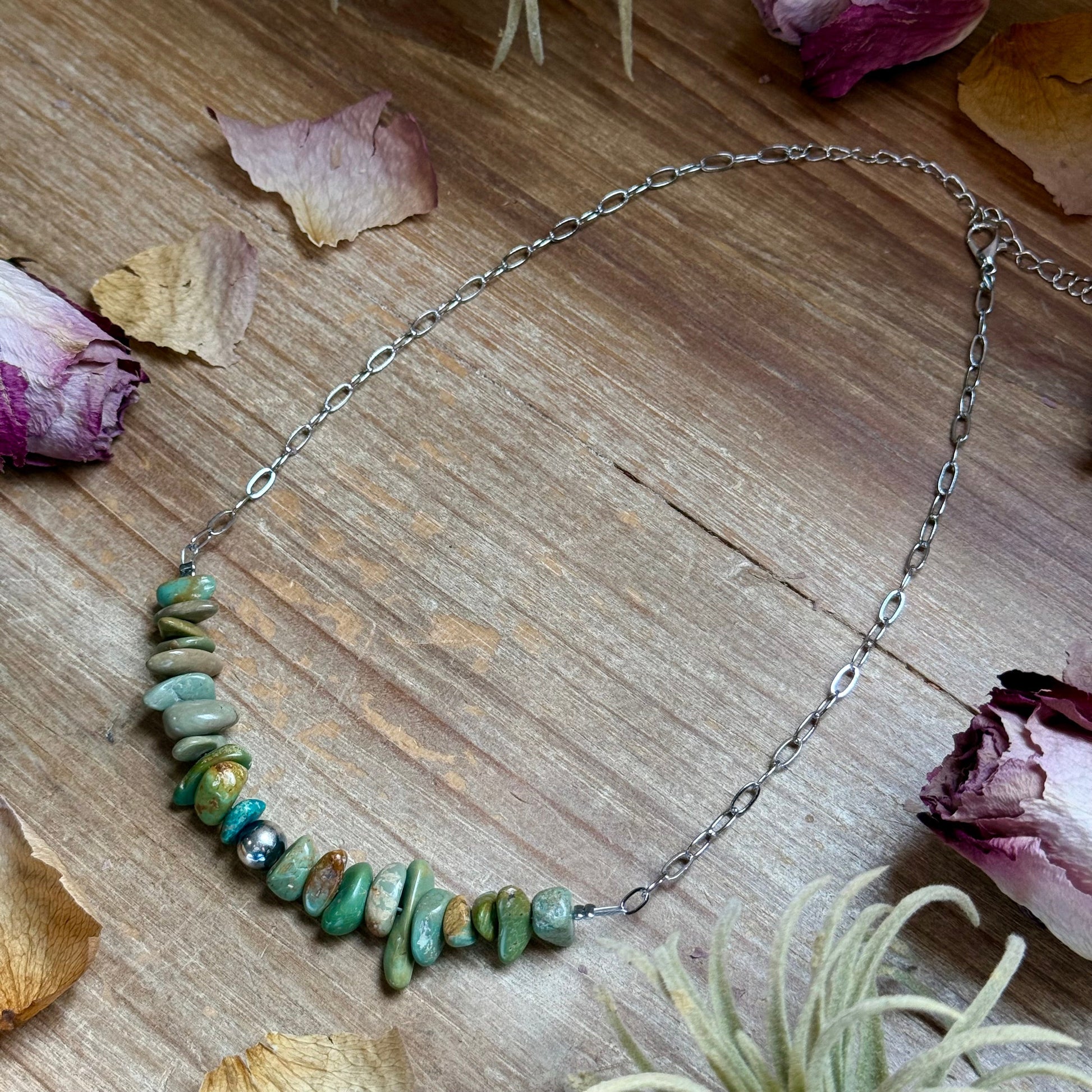 16.5” Green Turquoise Nugget Necklace – Sterling Silver & Paperclip Chain