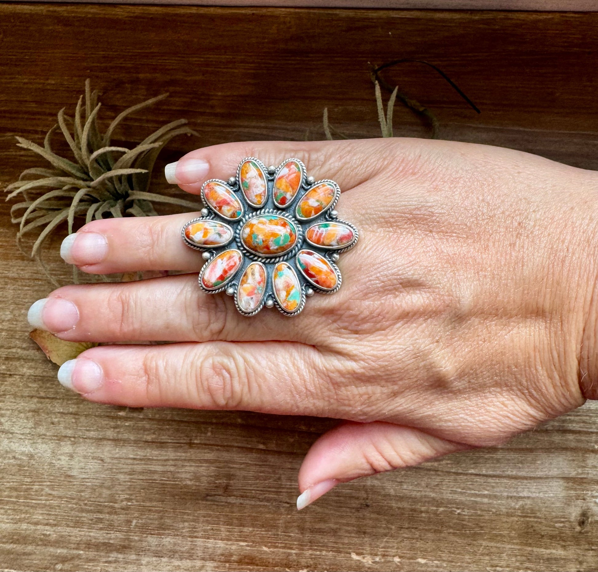Mojave Spiny & Turquoise Flower Adjustable Ring – Sterling Silver, Made in USA