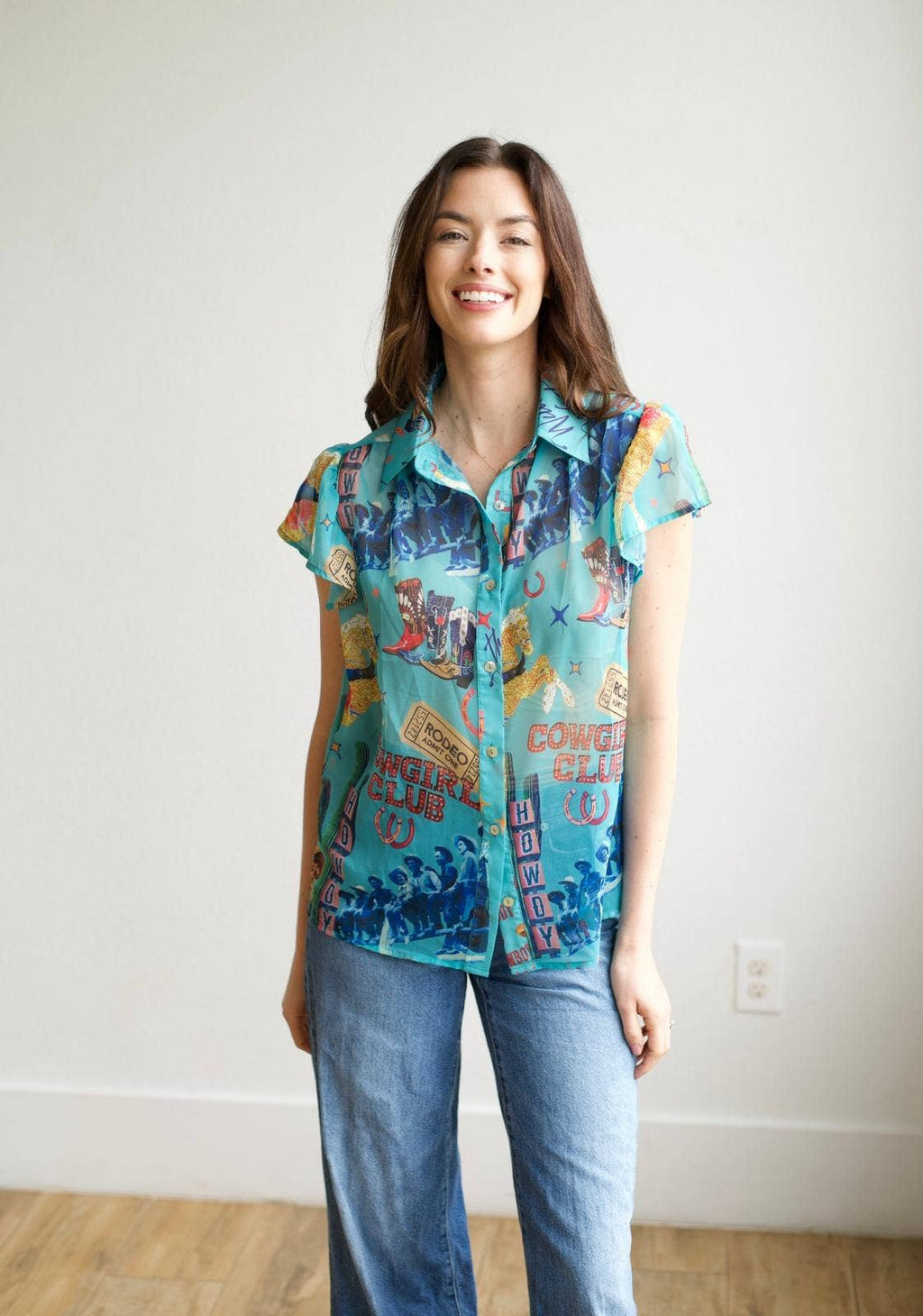 TH199 COWGIRL COLLAGE FLUTTER SLEEVE BLOUSE