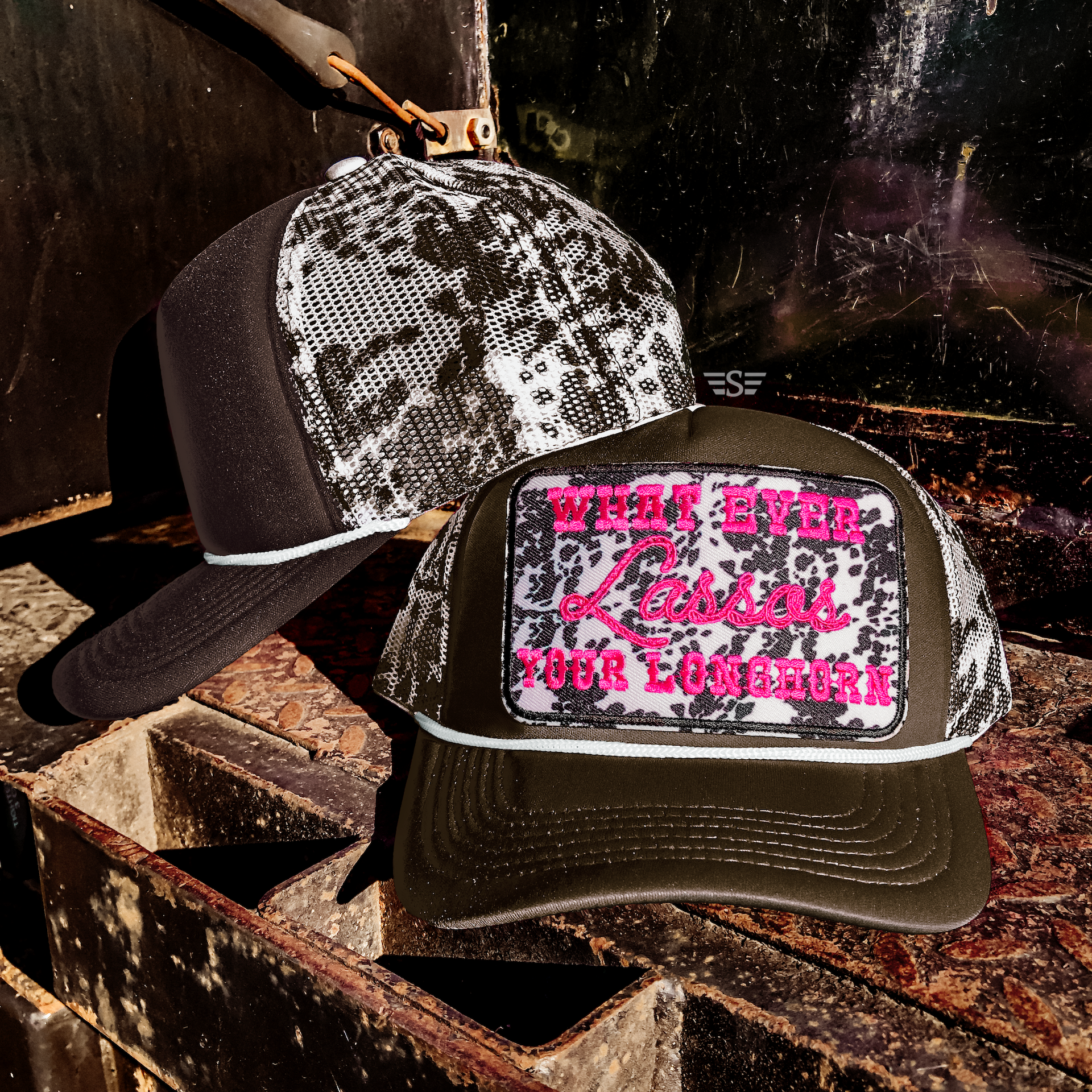Lasso Your Longhorn Cow Print Trucker Cap