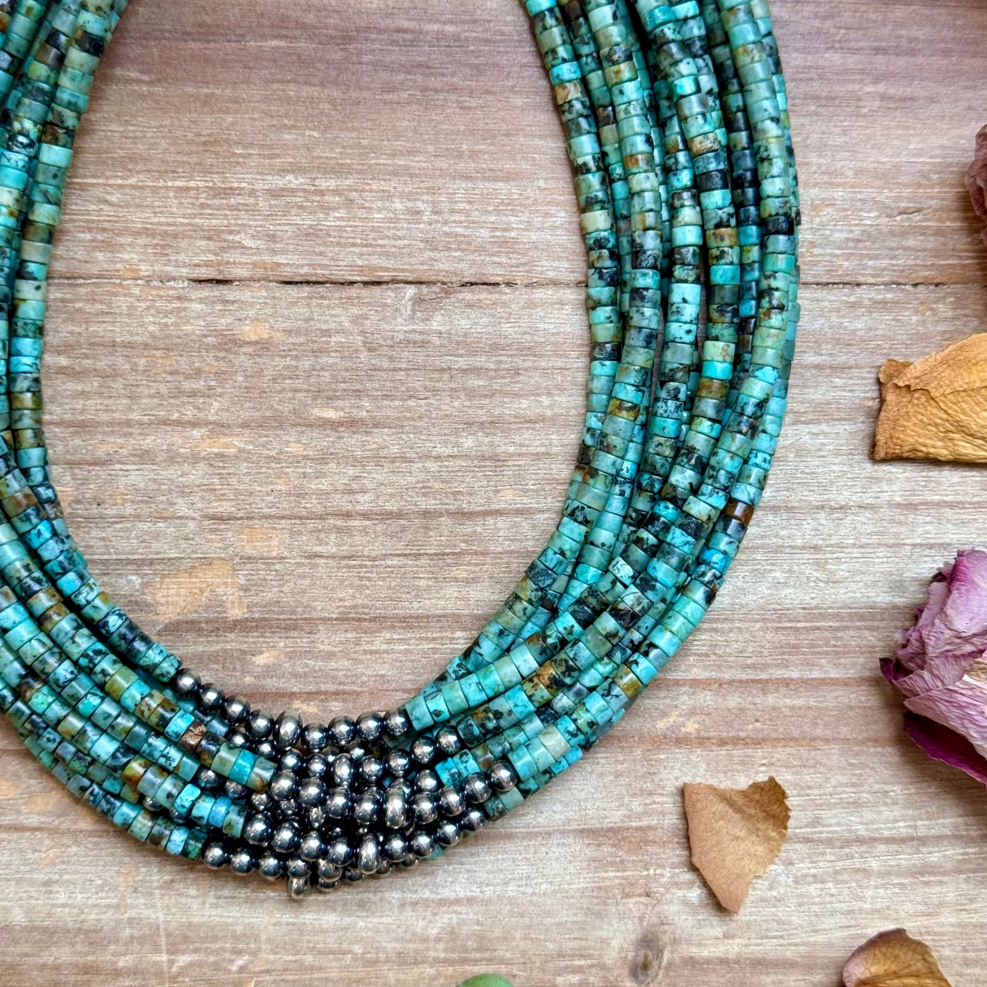 African Turquoise Heishi & Sterling Silver Pearl Necklace