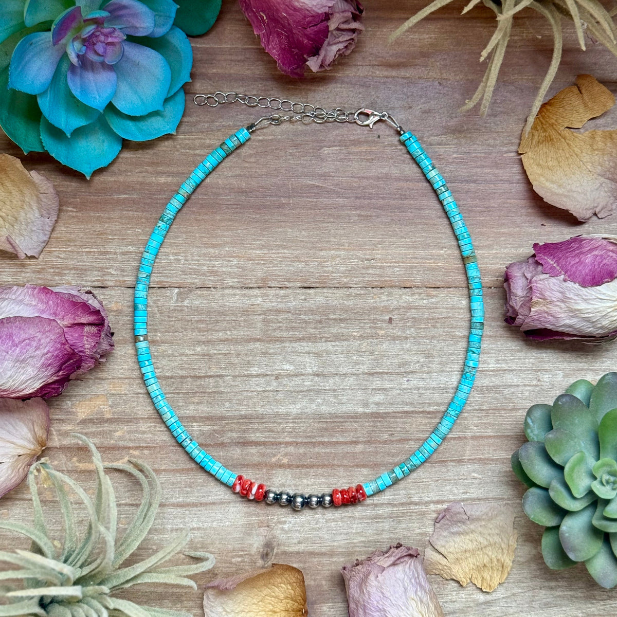 14” Vibrant Choker – Turquoise, Spiny Oyster & Sterling Silver