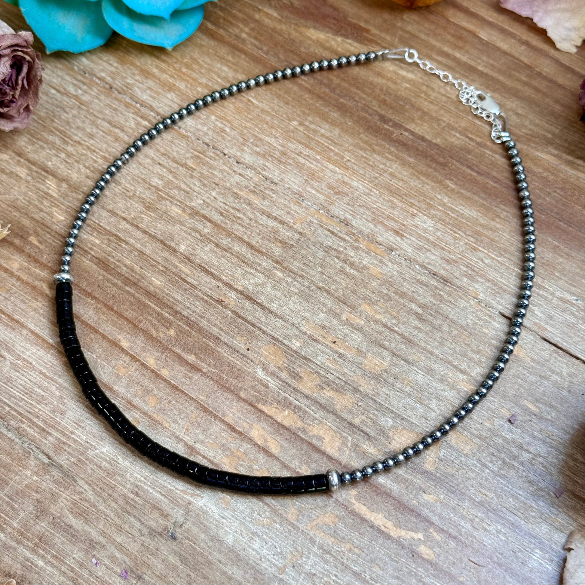 14” Black Onyx Heishi Necklace – Sterling Silver Pearls & Saucers