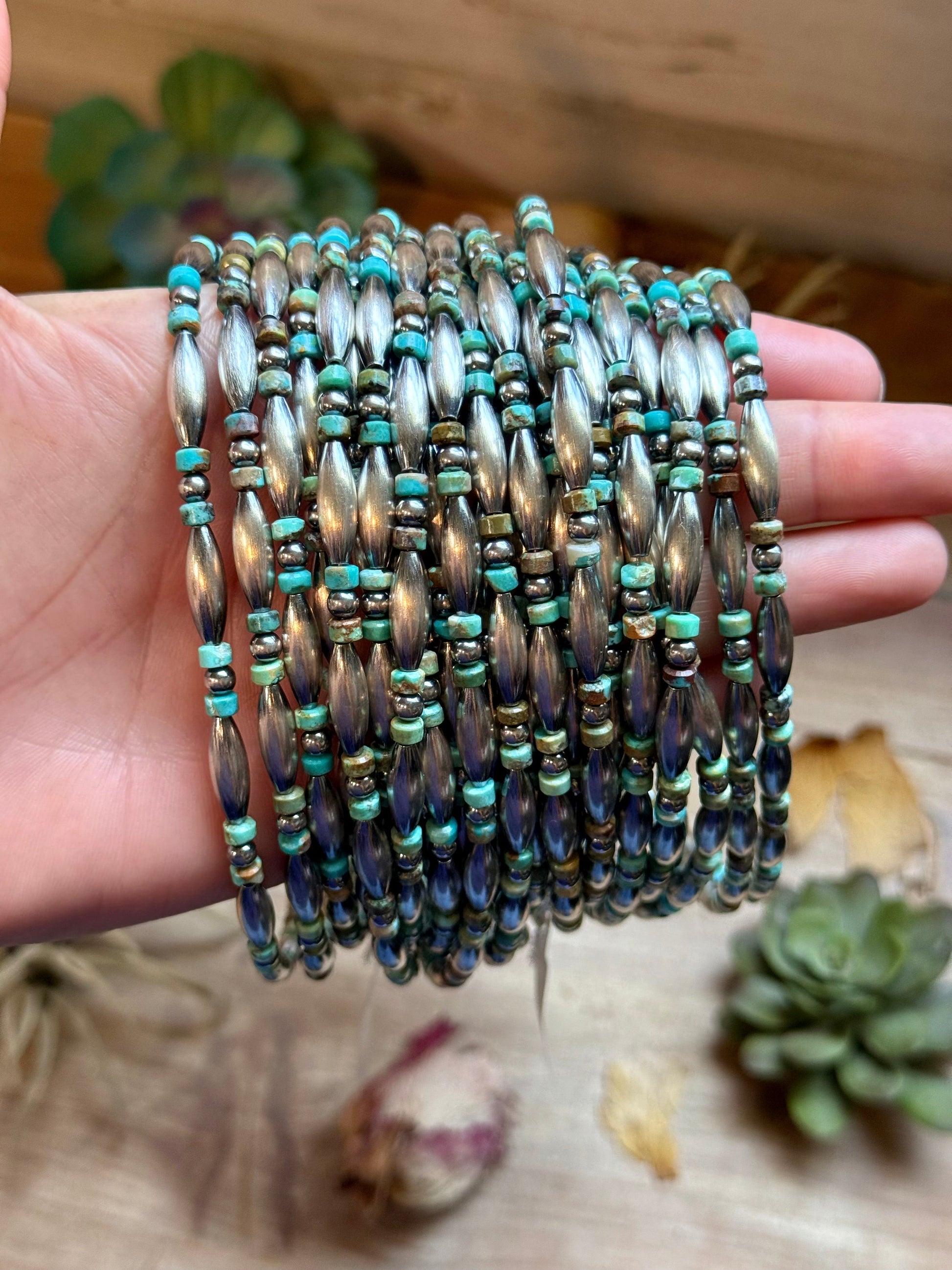 Blue-Green Turquoise Heishi & Sterling Silver Torpedo Choker