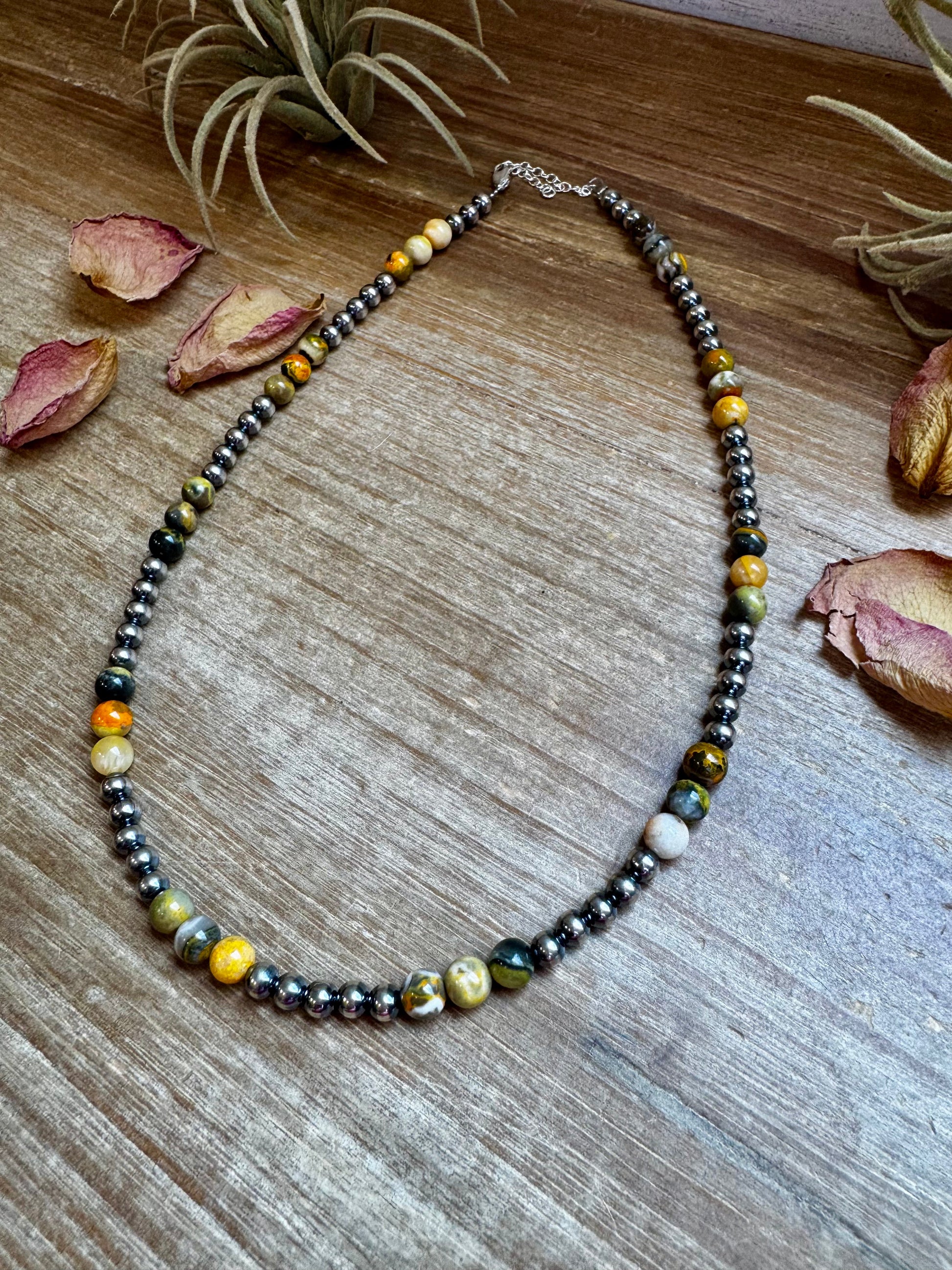 18-Inch Sterling Silver Pearl & Bumblebee Jasper Necklace
