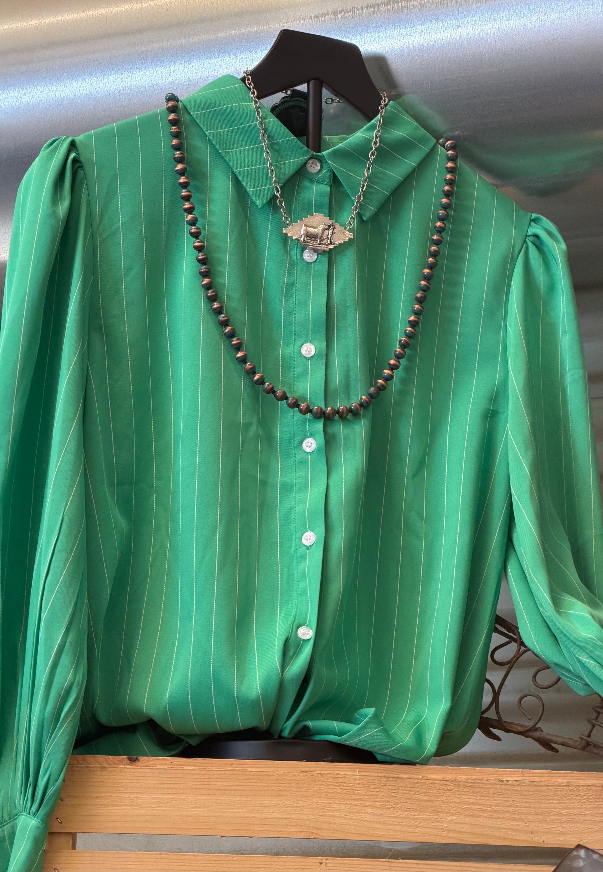 Green Pinstripe Long Puff Sleeve Top