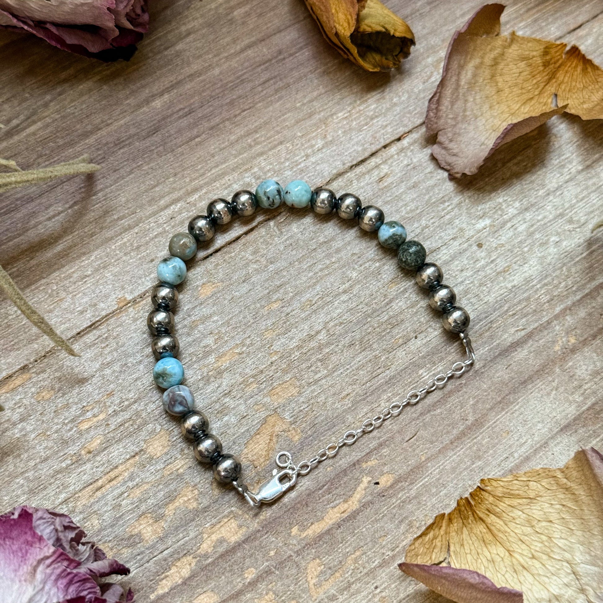 Sterling Silver & Larimar Bracelet  – 6 mm Beads