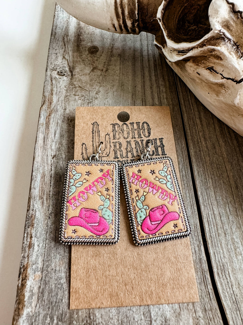 Western Tooled Leather Square Earrings - Howdy