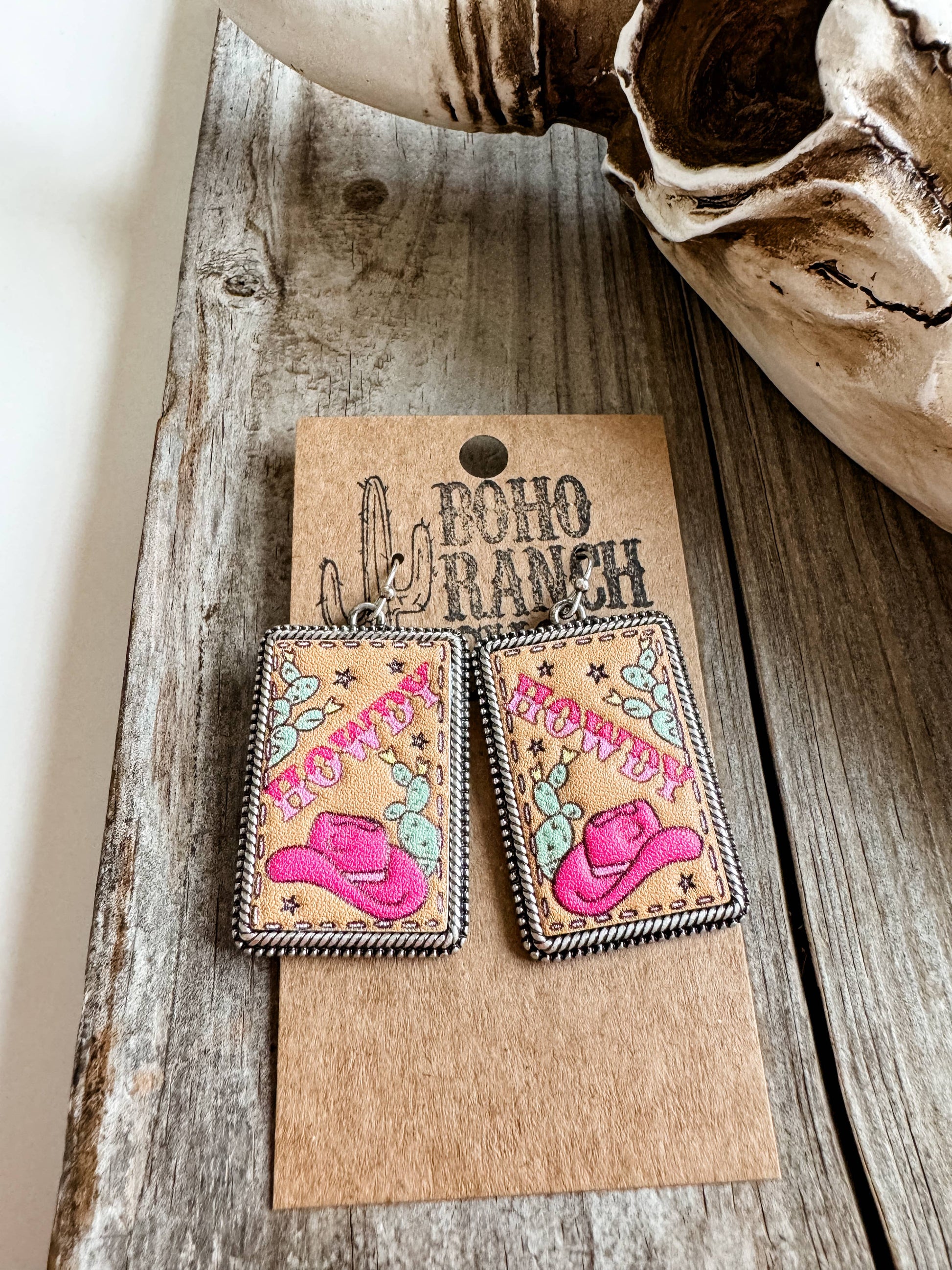 Western Tooled Leather Square Earrings - Howdy