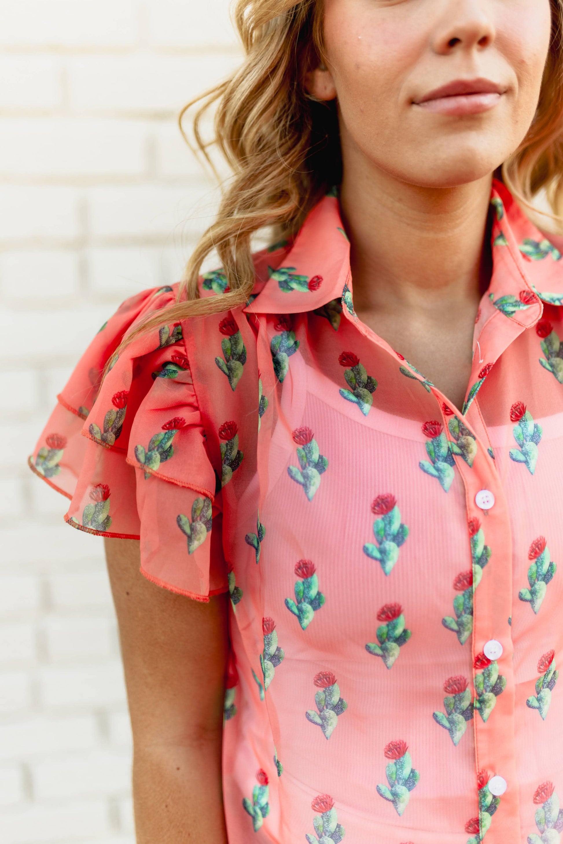 TH198 CORAL CACTUS DOUBLE FLUTTER BLOUSE