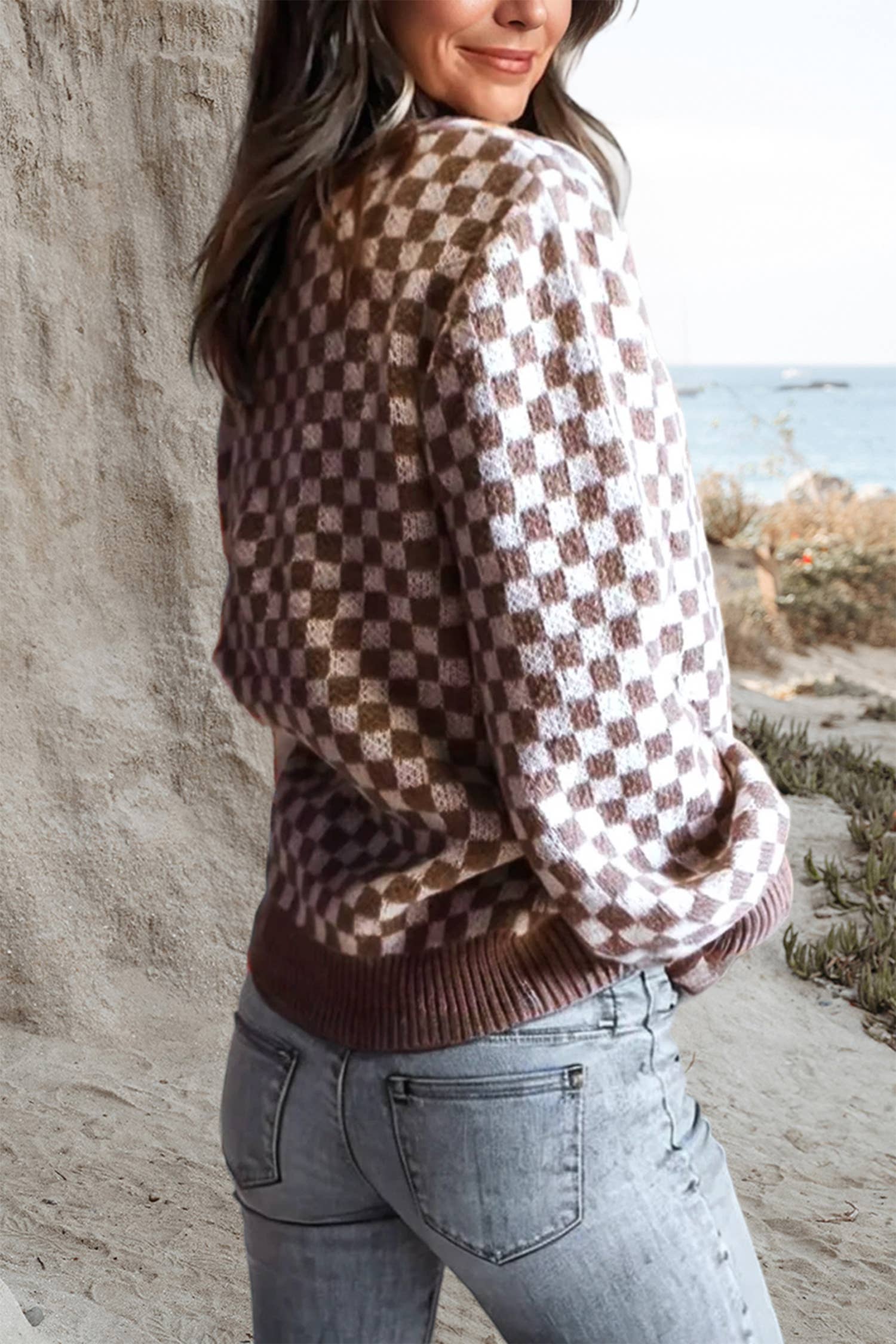 Checkerboard Half Button Knit Sweater | S-XL