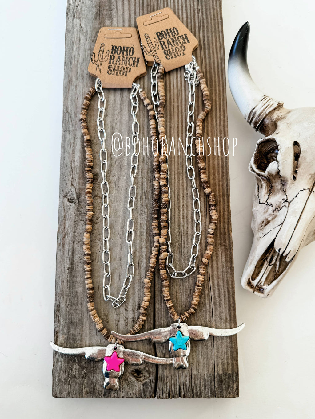 Longhorn Pendant Necklace - Wood Beads - Bull Steer Western
