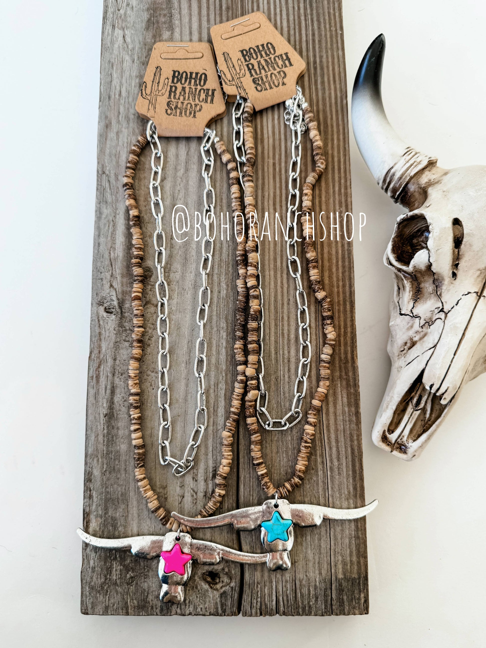 Longhorn Pendant Necklace - Wood Beads - Bull Steer Western
