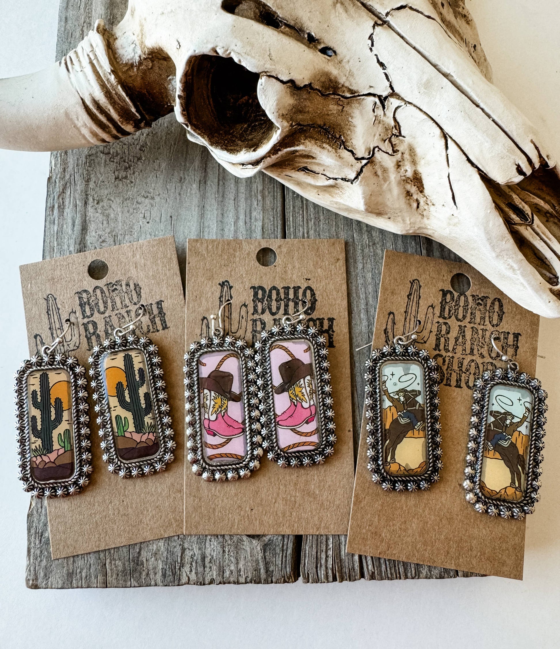 Western Scenery Cowgirl Earrings - rodeo cactus western boot