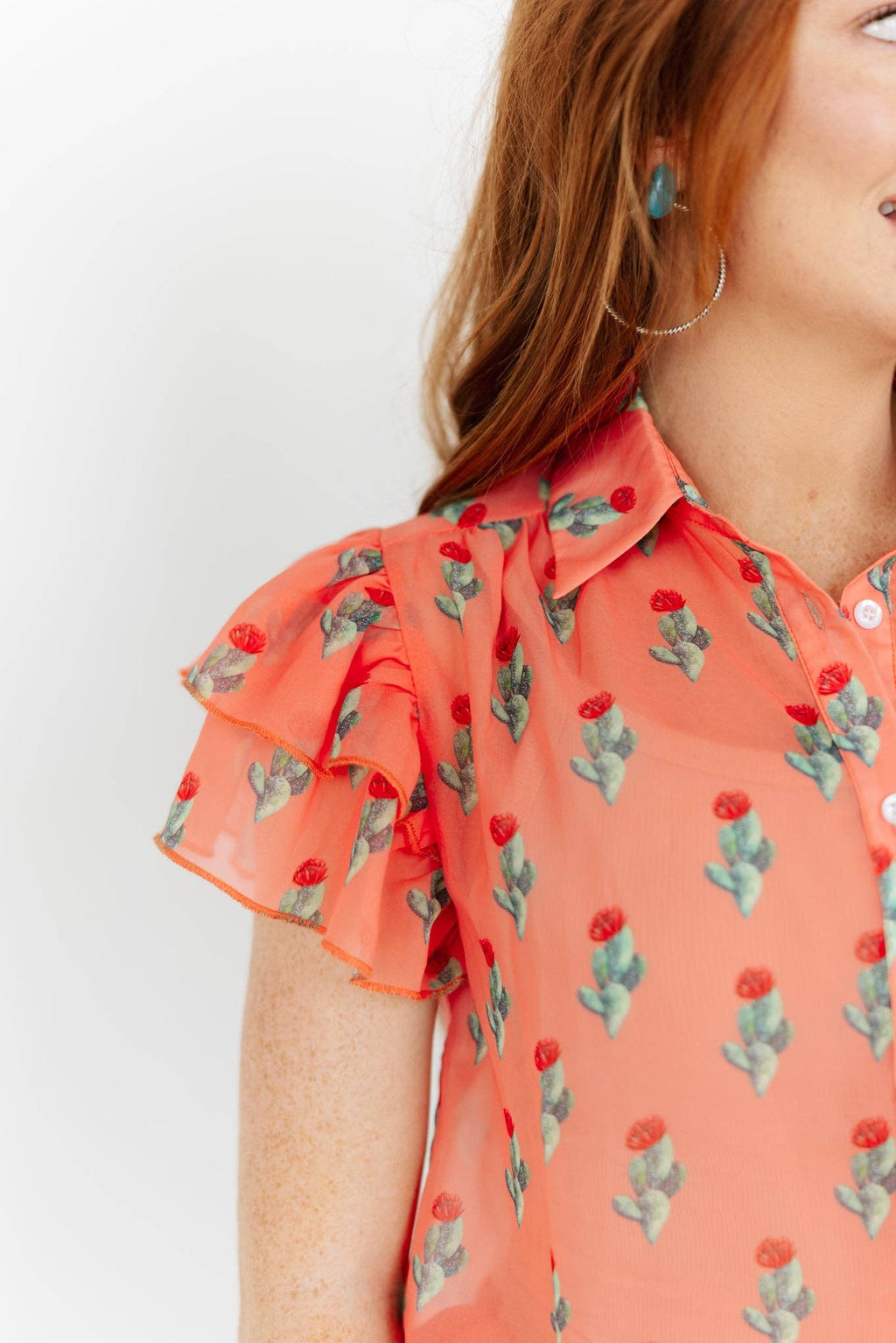 TH198 CORAL CACTUS DOUBLE FLUTTER BLOUSE