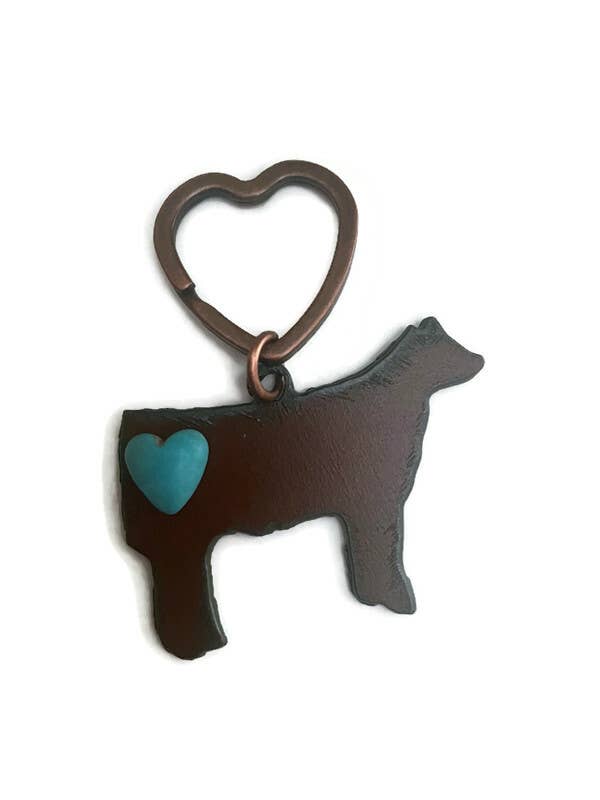 Rustic STEER Farm animal metal keychain with heart