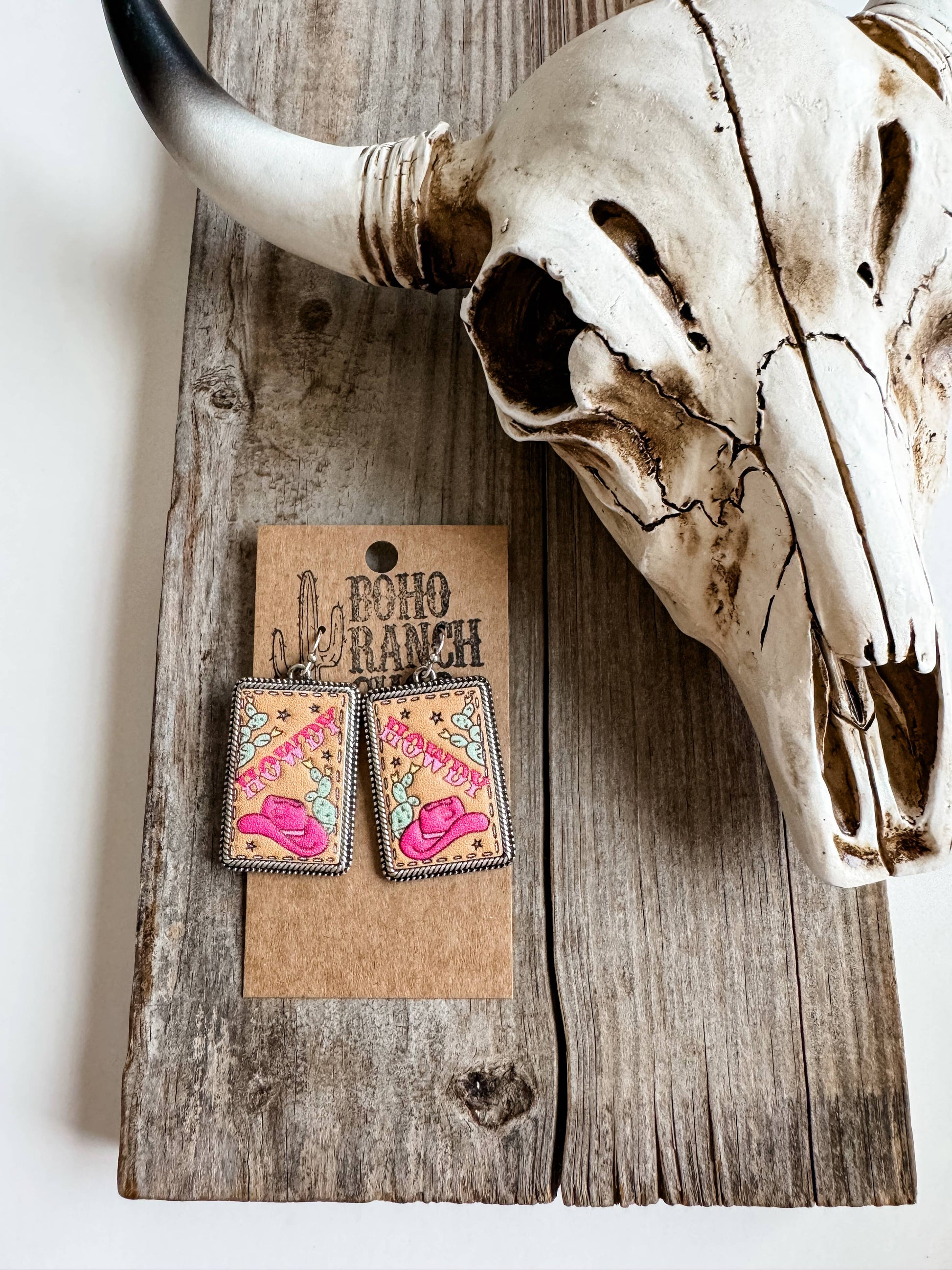 Western Tooled Leather Square Earrings - Howdy