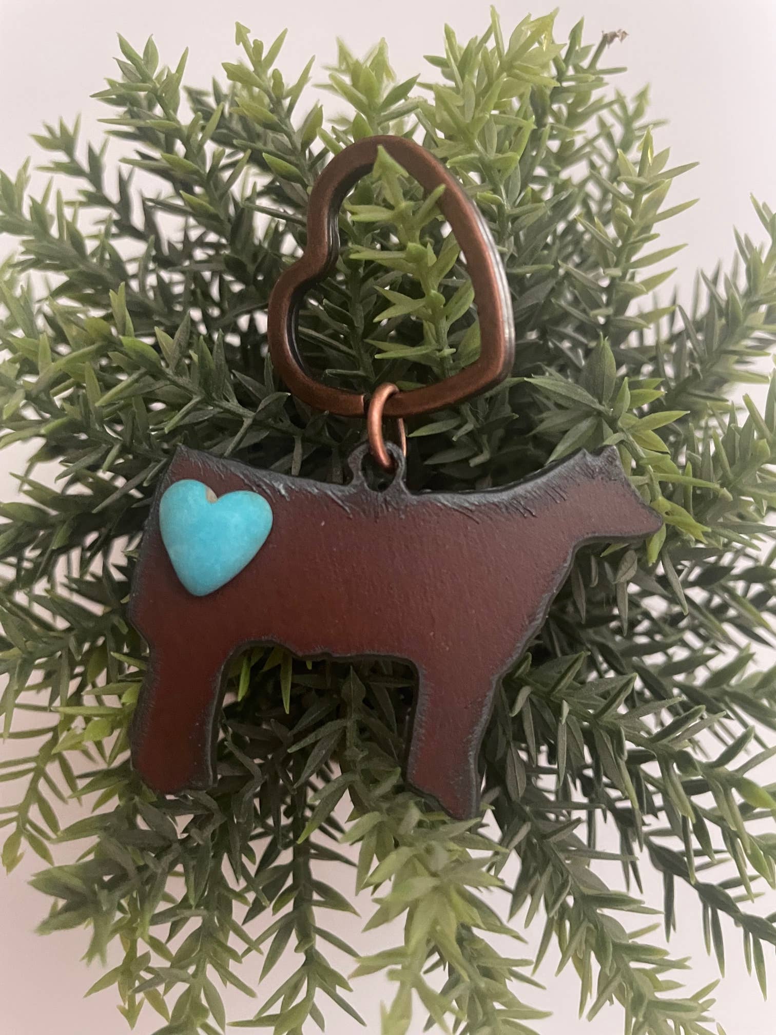 Rustic STEER Farm animal metal keychain with heart